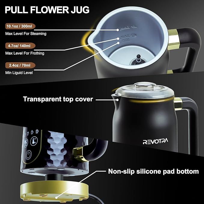 Milk Frother with LED Touchscreen & Temp Display, 4-in-1 Electric Milk Steamer for Hot & Cold Foam, Adjustable Temperature, Silent Frothing, Non-Stick Coating for Coffee, Latte, Hot Chocolate