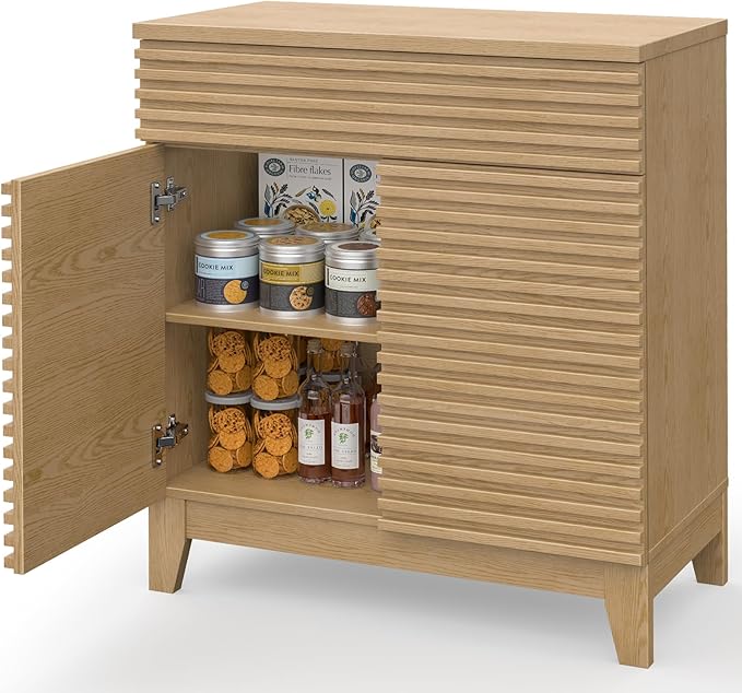 Fluted Coffee Bar Cabinet, Natural Storage Cabinet with 2 Doors and Drawer, Buffet Sideboard with Adjustable Shelves, Floor Storage Cabinets for Kitchen, Living Room, Dining Room