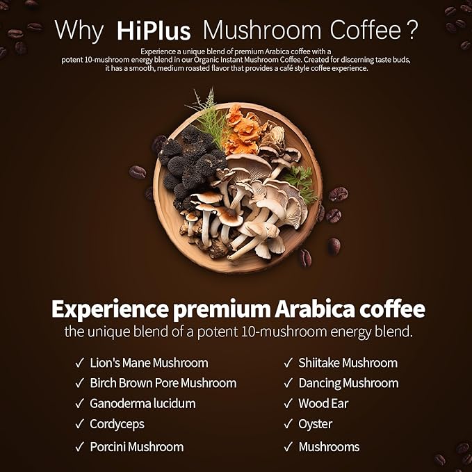 Organic 10-in-1 Mushroom Coffee Powder with Lion’s Mane & Reishi, Instant Arabica Blend for Smooth Energy, Focus & Immune Support, Low-Acid, 158 Servings