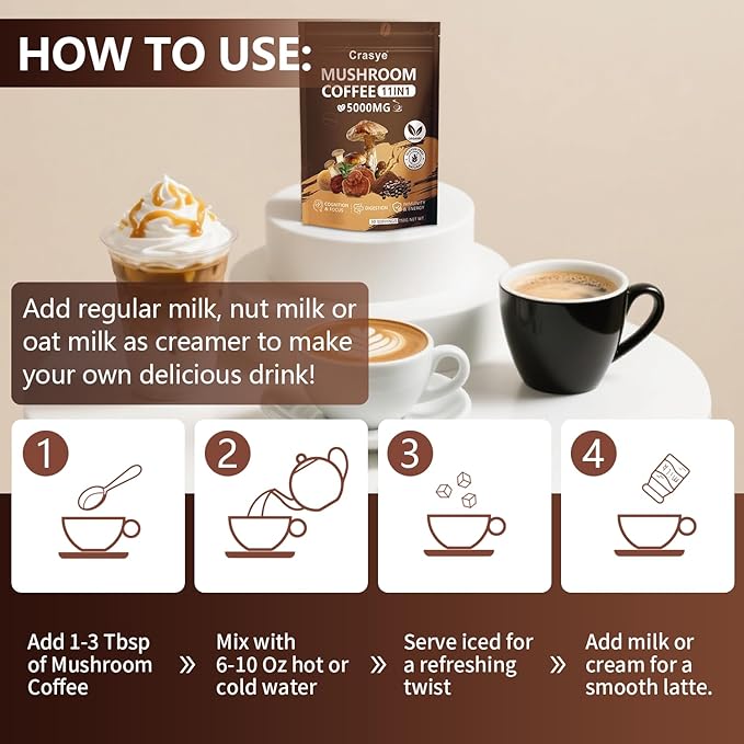 Organic Low Caffeine Mushroom Coffee 11 Superfood Instant Mushrooms Coffee with Ashwagandha, Shilajit, Lion's Mane, Reishi, Chaga & Collagen Arabica Coffe Powder Ground for Focus, Energy, Digestion and Immunity 30 Servings Cafe De Hongos