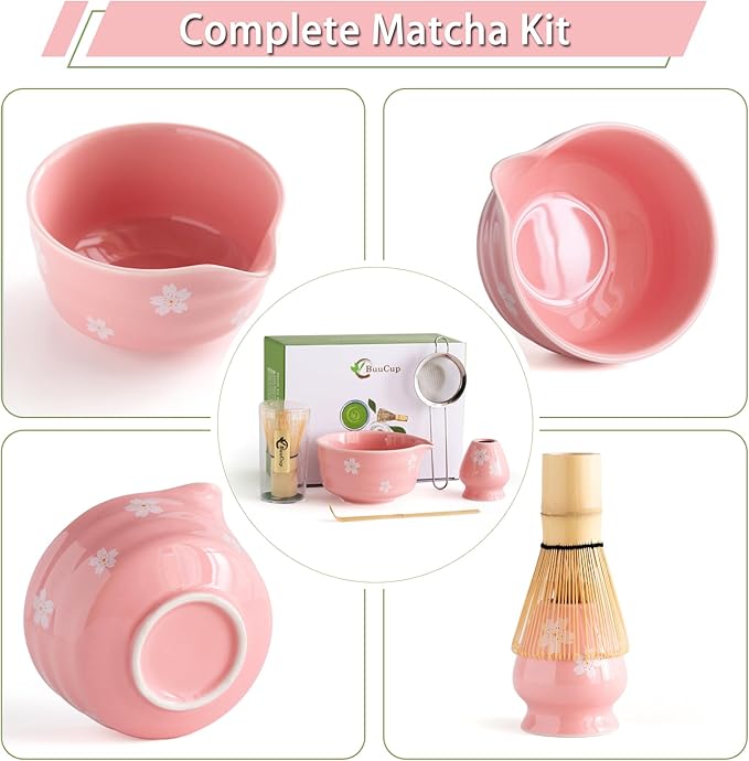 Matcha Whisk Set, Matcha Bowl with Spout, Matcha Whisk and Holder, Bamboo Matcha Scoop and Stainless Sifter，Ceramic Matcha Bowl Set (Pink)