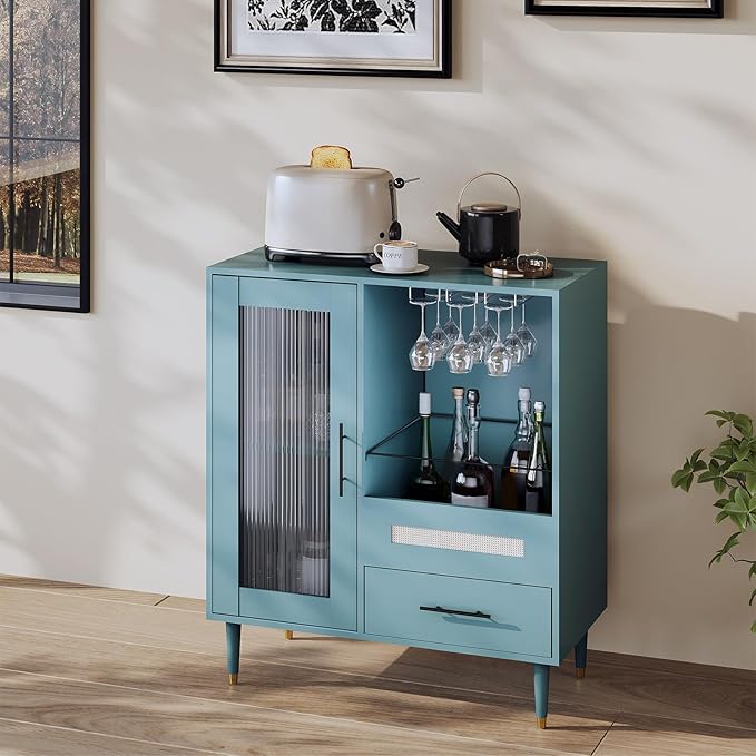 Garvee Wine Bar Cabinet with Tempered Glass Door & Rack, 30.7" Freestanding Modern Buffet Sideboard for Dining Room, Kitchen Coffee Bar & Liquor Storage Cabinet with Drawers and Glass Holder