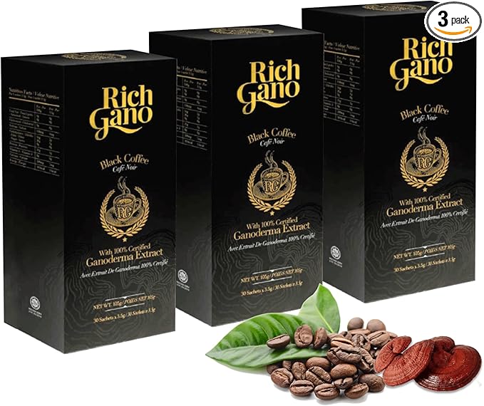Rich Gano Reishi Mushroom Coffee – (3 Boxes of 30 Sachets) Black Coffee with Ganoderma Extract – All Natural Vegan Friendly Instant Coffee Packets – Zero Jitters Energize Ganoderma