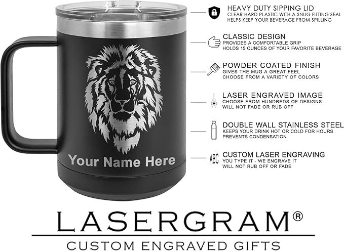 LaserGram 15oz Vacuum Insulated Coffee Mug, Sushi, Personalized Engraving Included (Black)