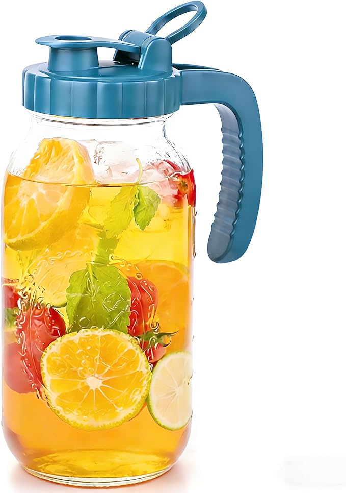 Half Gallon Glass Pitcher With Lid 64 Oz Wide Mouth Mason Jar Cold Hot Water Pitcher 2 Quart Sun Tea Glass Jar For Outside For Fridge Lemonade, Beverage,Milk,Juice, Cold Brew Iced Tea Container