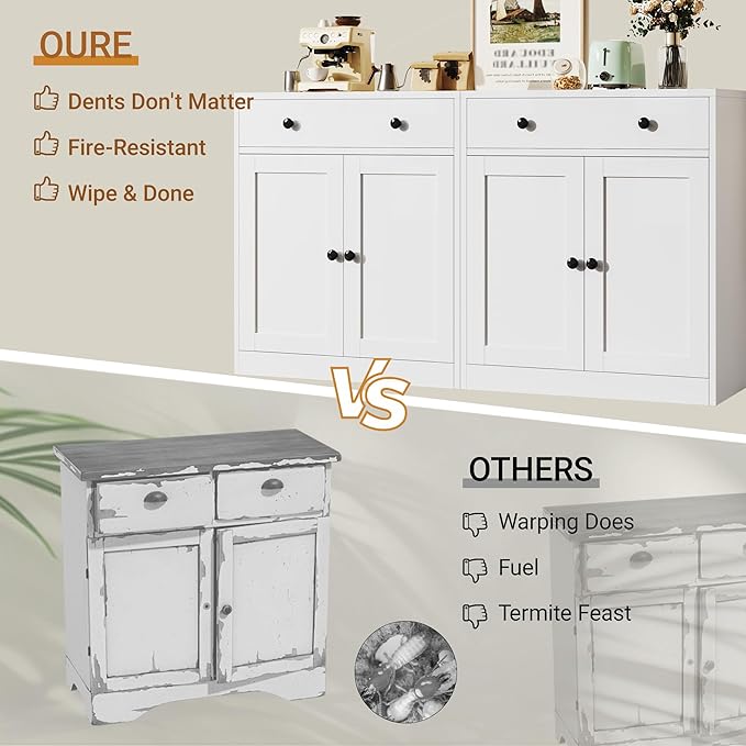 Metal Storage Cabinet with 2 Doors and 1 Drawer，Farmhouse Buffet Cabinet with Storage，32.3" H Coffee Bar Cabinet with Storage for Kitchen, Dining Room, Living Room, White