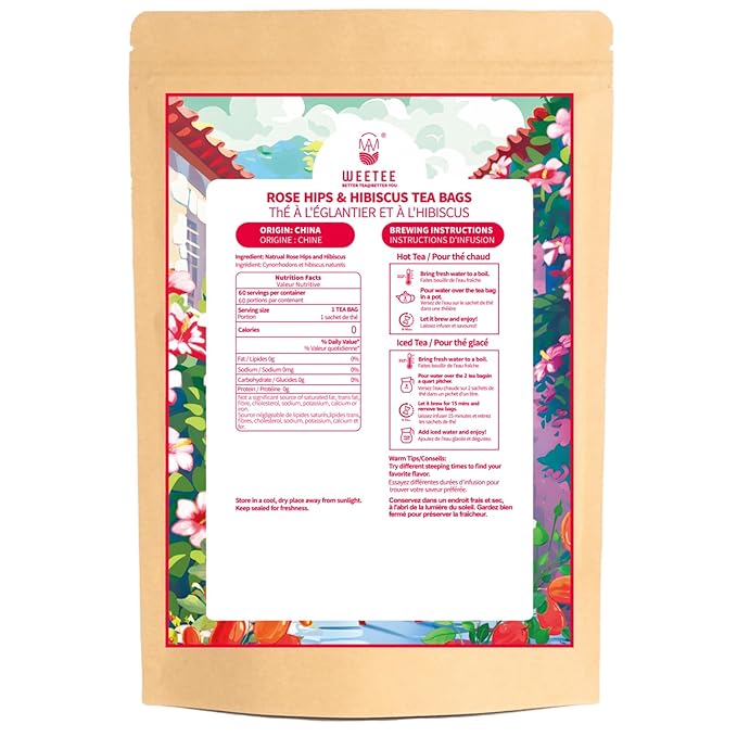 WT WEETEE Rosehips Hibiscus Tea Bags, Made with Rosehip & Hibiscus Flowers, Natural Caffeine-free Herbal Tea 2.5g x 60 Counts