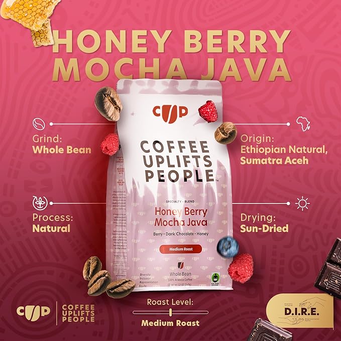 Coffee Uplifts People Honey Berry Mocha Java - Whole Bean Coffee Medium Roast - Sumatra & Ethiopian Specialty Grade Coffee Beans, 100% Arabica Coffee, Fair Trade - Berry, Chocolate & Honey Notes -12oz