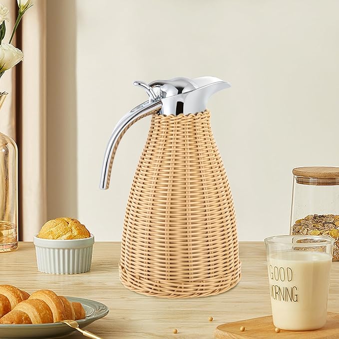 Stainless Steel Coffee Thermal Jug Natural Rattan 1.5L/0.4 Gal Double Walled Vacuum Insualted Jug with Handmade Rattan Body Insulated Thermal Carafe for Hot Liquids Keeping Hot for Home Coffee Shop