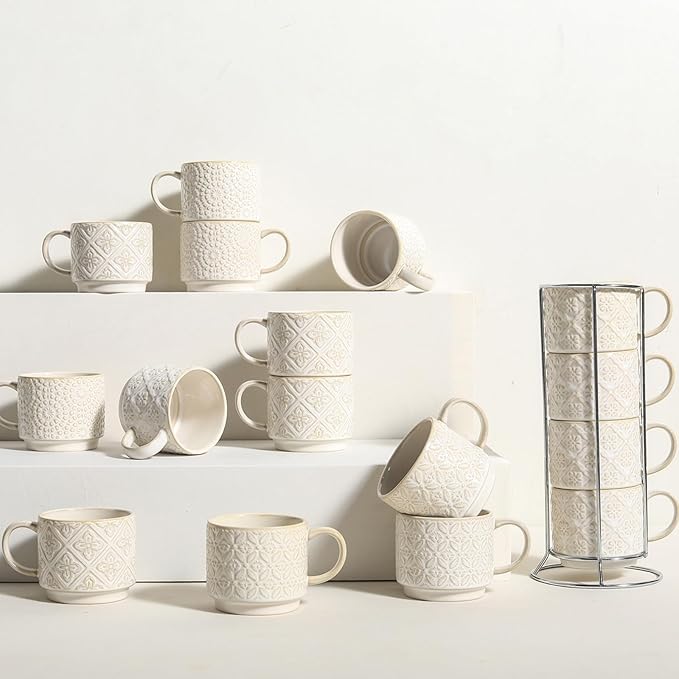 6 Oz Coffee Cups Set of 4, Stackable Coffee Mugs with Stand, Ceramic Cappuccino Cup, Embossed Espresso Cups for Latte, Tea, Cocoa, Mocha, Housewarming Present, Dishwasher Safe