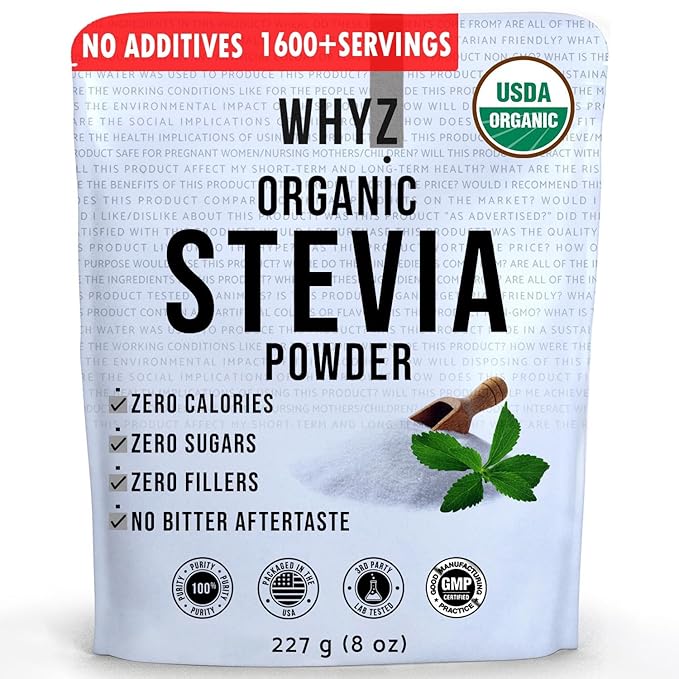 WHYZ Organic Stevia Powder, 1621 Servings, Premium Zero Calorie Sweetener - Powdered Pure Stevia Extract, Natural Sweetener Powder for Baking - No Aftertaste, Non-GMO, Keto Friendly- 8 oz