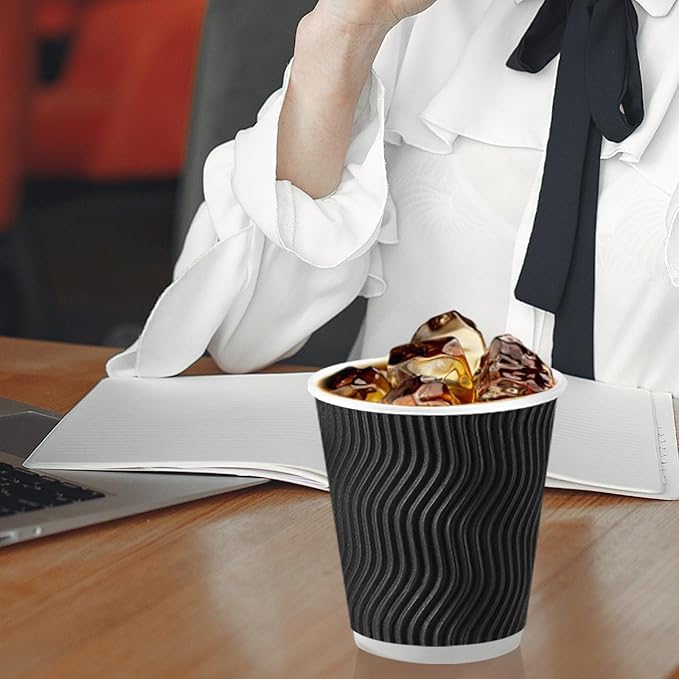 Lamosi Disposable Coffee Cups 10 OZ 100 Pack, Paper Coffee Cups 10 OZ for Hot Drinks or Cold Beverages, Insulated Corrugated Ripple Wall Cup No Lids for Office, Cafe, Home or Travel (Black)