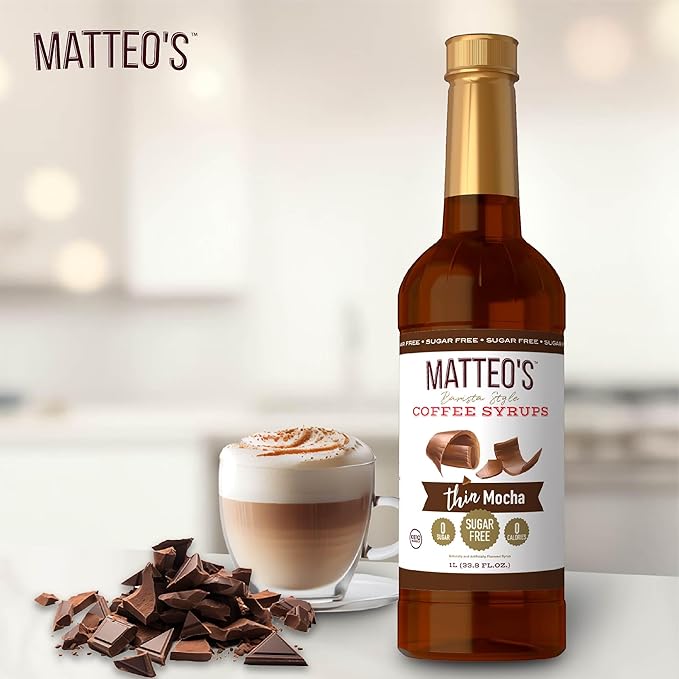 Matteo's Mocha Syrup for Coffee, Lattes, Cappuccinos & Desserts – Sugar-Free Sweetener for Beverages, Keto Friendly, Zero Calories, Indulgent Flavor, Non-Alcoholic, Ideal for Hot Drinks 33.8oz (6pk)