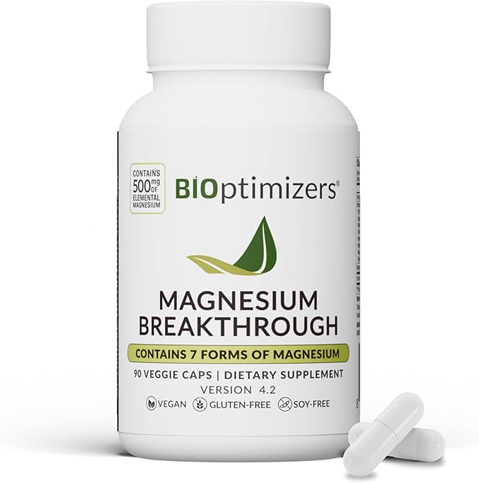 BIOptimizers Magnesium Breakthrough Supplement with 500mg - 7 Forms of Magnesium: Glycinate, Malate, Citrate, and More - Natural Support for Sleep and Cognitive Function -90 Capsules- Calming Vitamins