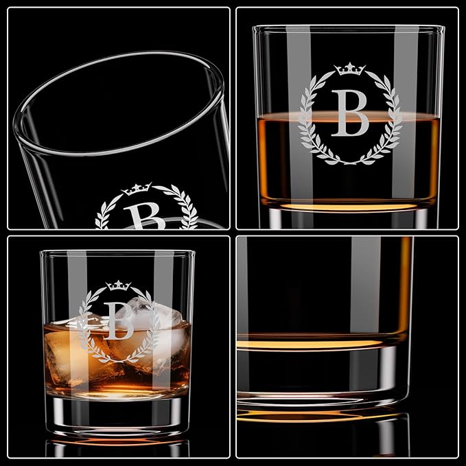 Personalized Whiskey Glasses Gifts for Men, Monogrammed Engraved A-Z 10.6 oz Rocks Glass Customized Gift, Unique Christmas Birthday Gifts for Men Him Dad Husband Brother Son (B)