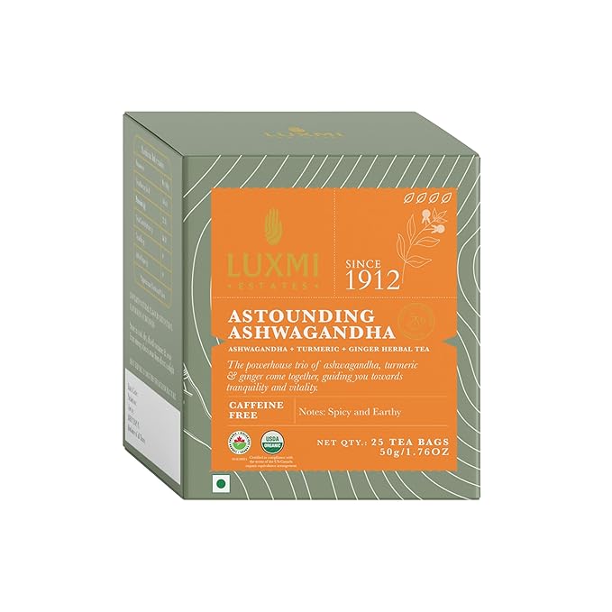 Luxmi Estates Astounding Ashwagandha Organic Ashwagandha Tea (25 Tea Bags) Caffeine Free Tea Bags For Sleep, Relaxing, Calming, and Stress Relief, With Certified Organic Herbal Tea