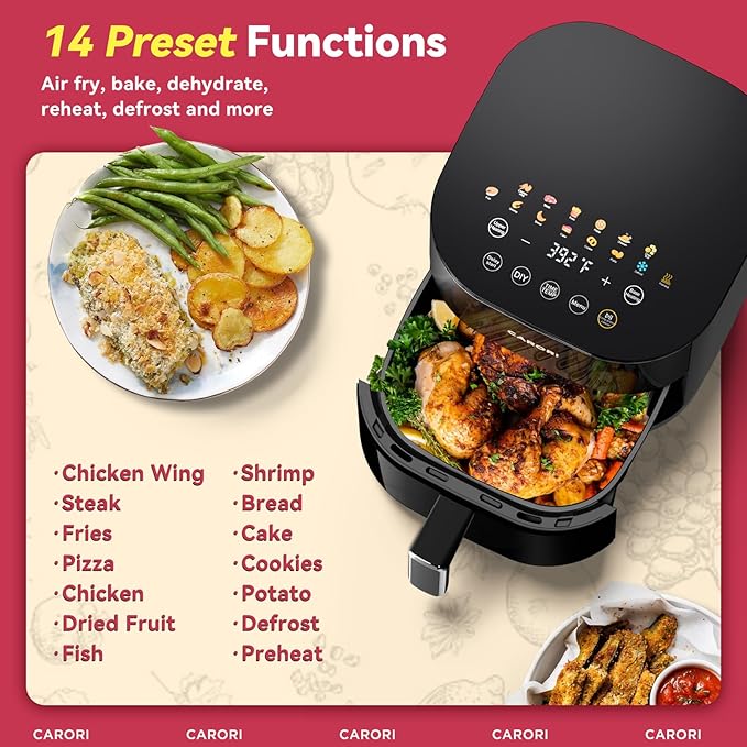 6QT Dual Heat Air Fryer with Viewing Window, 14 Presets for Fry, Roast, Bake & More, 392℉ Max Crisp Without Flipping, 1700W Fast Cooking, Dishwasher Safe Basket
