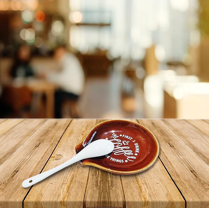 Funny Coffee Quote First I Drink The Coffee Then I Do The Things Ceramic Spoon Holder-Brown Coffee Spoon Rest -Cafe Station Bar Accessories