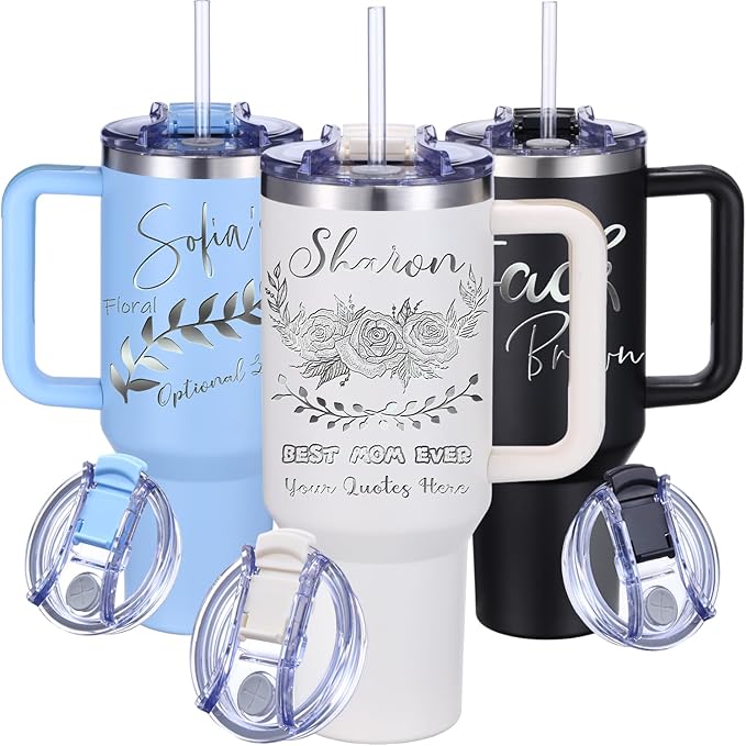 iProductsUS Personalized 40oz Tumbler with Handle & Straw Christmas Gift for Mom & Wife! Custom Engraved Name and 40+ Designs, Spill-Proof Lid, Insulated Travel Coffee Mug! (Champagne White)