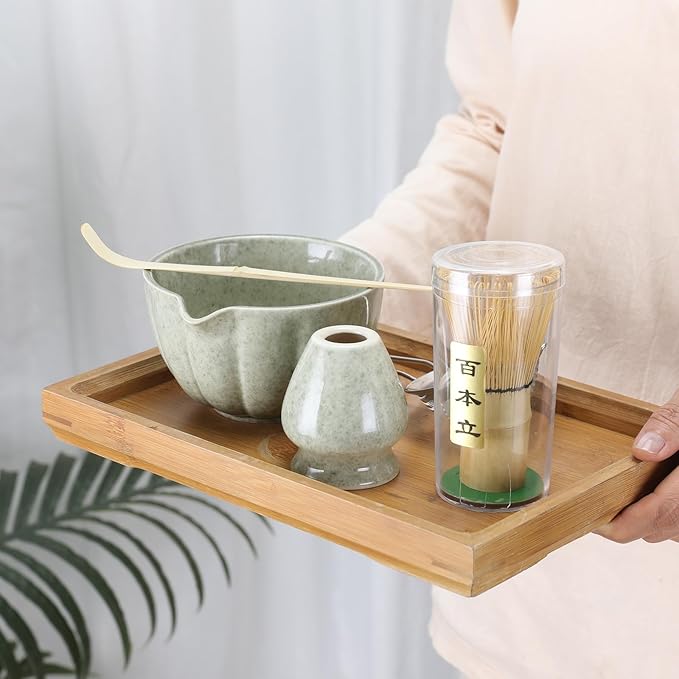 Matcha Whisk Set, 5 Pcs Matcha Set includes Matcha Whisk and Bowl with Spout, Stainless Sifter, Bamboo spoon, Ceramic Holder, 17 oz Mottled Green Glaze Ceramic Matcha Kit for Tea Lovers