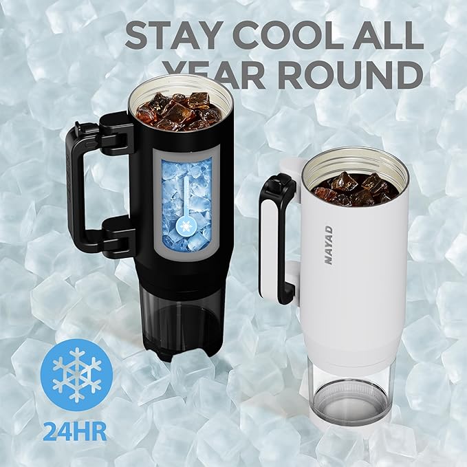 NAYAD 22 oz Flip Straw Tumbler with Handle & 10oz Snack Container Insulated Stainless Steel Water Bottle with Foldable Handle Dual Lids for Travel Gym Car Daily Use Christmas gifts (black)