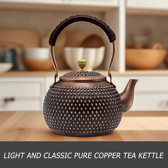 YJX 47.3oz Elegant Japanese Style Copper Tea Kettle For Stovetop Safe, Non-Coating Pure Copper Teapot with Stainless Steel Tea Ball For Loose Tea, Solid Tea Pot For 2-4 Cups (1400ml)