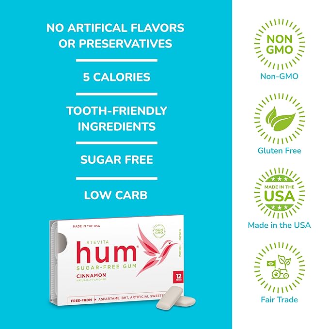 Stevita Hum, Cinnamon - Sugar-Free Gum - 12 Pieces, Pack of 12 - Supports Oral Health -, Non-GMO, Vegetarian, Keto, Gluten Free - 72 Total Servings