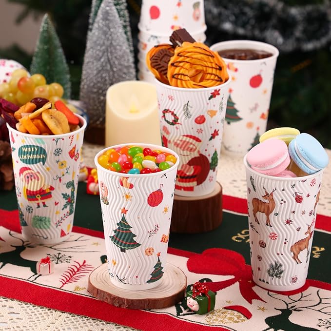100 Pack Christmas Coffee Cups with Lids 16oz, Disposable Insulated Ripple Wall To Go Paper Coffee Cups for Hot/Cold Drinks Office Home Shop Event (Colorful)