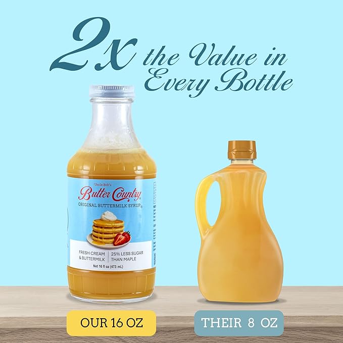 Uncle Bob's Butter Country Original Buttermilk Syrup for Pancakes and Waffles, Less Sugar, No Corn Syrup, Gluten Free, Made without Artificial Flavors, 16 fl oz Bottle