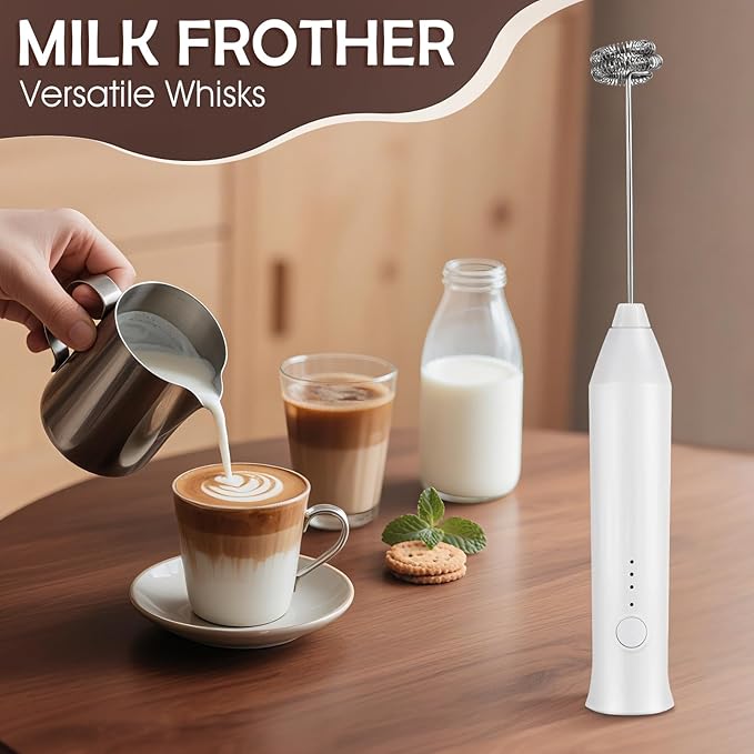 Milk Frother Handheld Rechargeable, Frother Wand Drink Mixer Electric Whisk for Coffee, Detachable With 2 Stainless Whisks, Hand Mixer for Lattes, Matcha, Egg, Gift for Christmas(White)