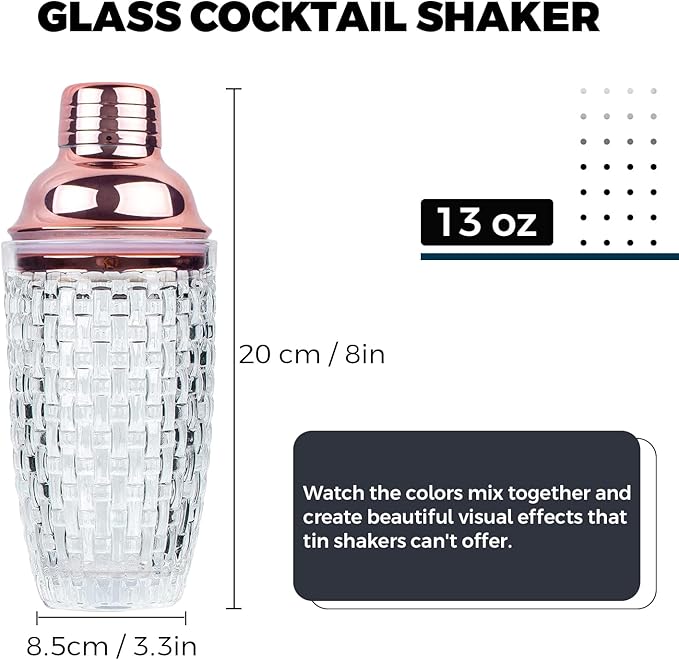 Glass Cocktail Shaker Set - Drink Shakers Cocktail and Cocktail Shakers, Glass Shaker Bottle for Bars, Whiskey, Cocktails (Rosegold)