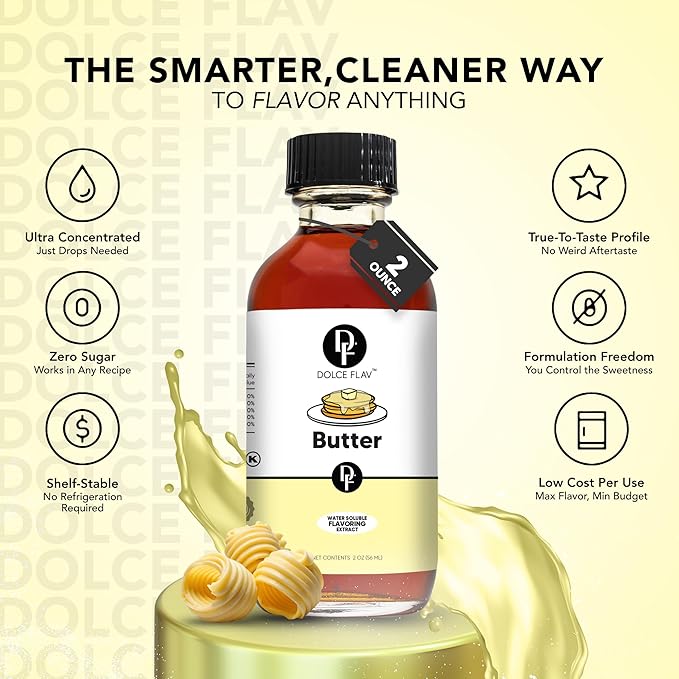 Dolce Flav Butter Extract – 8 Ounce Water-Soluble Kosher, Sugar-Free, Concentrated Imitation Butter Flavor for Baking, Cookies & Frostings, Includes Measured Dropper