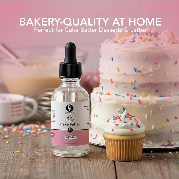 Dolce Flav Natural Cake Batter Extract – 8 Ounce Water-Soluble Kosher, Sugar-Free, Concentrated Birthday Cake Flavor for Frosting, Cupcakes & Ice Cream