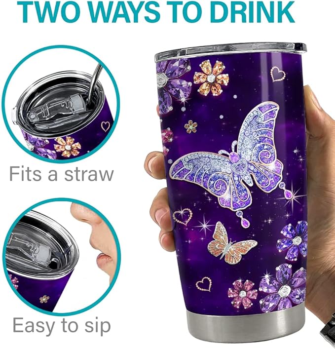 SANDJEST Purple Butterfly Tumbler Jewelry Style Butterfly Lover 20oz Tumblers with Lid Gift for Women Girl Daughter Sister Mom Christmas Birthday Present