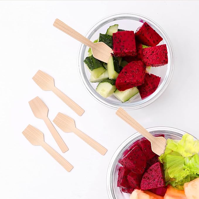 Mini Bamboo Utensils - 200PK Mini Bamboo Spoons 3.54" Rectangular Disposable Small/Tiny Spoon for Jelly/Pudding/Yogurt/Desert/Cake/Tasting Natural 100% Compostable Biodegradable Renewable