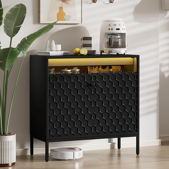 Sideboard Buffet Cabinet 31'' with Storage and Power Outlet, Modern Coffee Bar Accent Cabinet with 2 Doors and Adjustable Shelves, Console Table for Dining Room, Living Room, Kitchen, Black