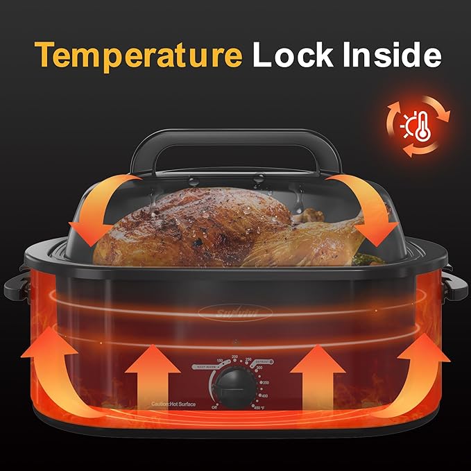 Sunvivi 30lb 26-Quart Roaster Oven, Electric Roaster Oven with Viewing Lid, Turkey Roaster with Unique Defrost/Warm Function, Large Roaster with Removable Pan & Rack, Stainless Steel, Red
