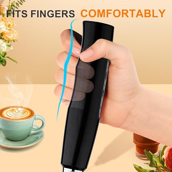 YUSWKO Handheld Milk Frother Wand for Coffee, Rechargeable Electric Whisk with 3 Heads 3 Speeds Drink Mixer Coffee Frother For Latte, Cappuccino, Hot Chocolate, Egg (With Stand, Light Black)