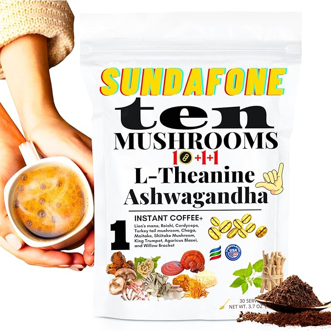 SUNDAFONE Mushroom Coffee with L-Theanine, Ashwagandha,Lion's Mane, Reishi and 10 Adaptogenic Mushrooms; Super Instant Cold Brew Protein Iced Coffee Blend; 0g of Sugar, Low Caffeine, 30 Servings