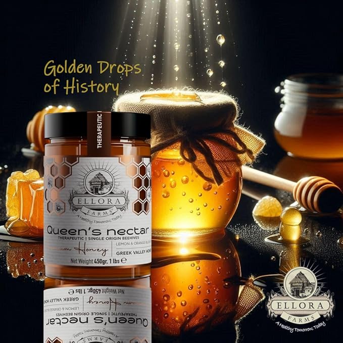 Ellora Farms Greek Honey, Lemon & Orange Blossom Raw Unpasteurized Honey, 2025 Paris Platinum Award, Non-GMO and Unpasteurized, Gift Pack with Dipper - 450g (16oz)