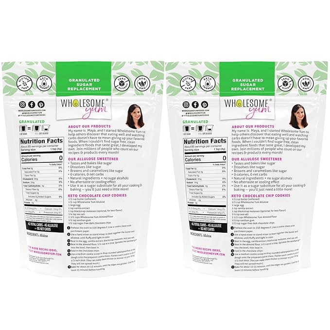 Wholesome Yum Allulose Sweetener - Natural Granulated Sugar Substitute - Keto, Non GMO, Zero Carb, Zero Calorie, Sugar Free, No Aftertaste, Tummy Friendly - Granular Sugar Replacement (12 oz, 2 Pack)