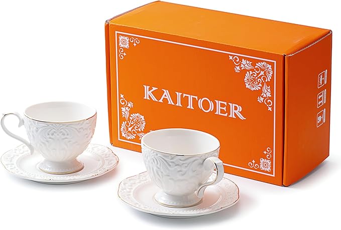 Cups and Saucers Tea Cups Set of 2, Ceramic Coffee Cups with Floral Embossed Design, 200ml (7 oz) Tea Cups and Saucers Porcelain Mugs for Birthday Party Cafe Home Mother's Day Gift