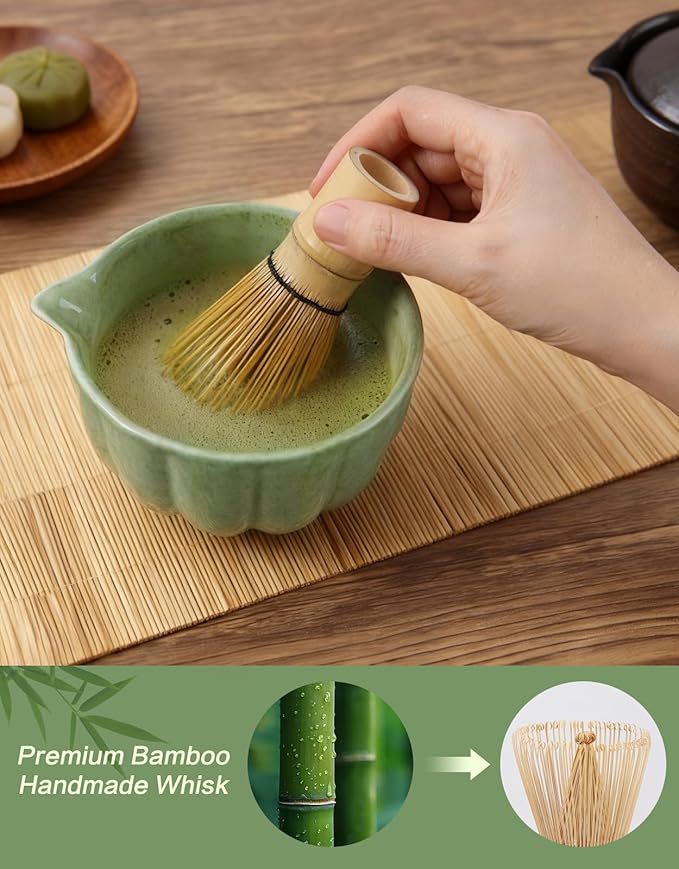 Matcha Whisk Set, 7 Pcs, Matcha Kit Includes Matcha Bowl, Matcha Whisk and Holder, Bamboo Scoop, Spoon, Sifter and Tea Towel, Matcha Set, Gift for Matcha Lovers & Beginners (Matcha Green)