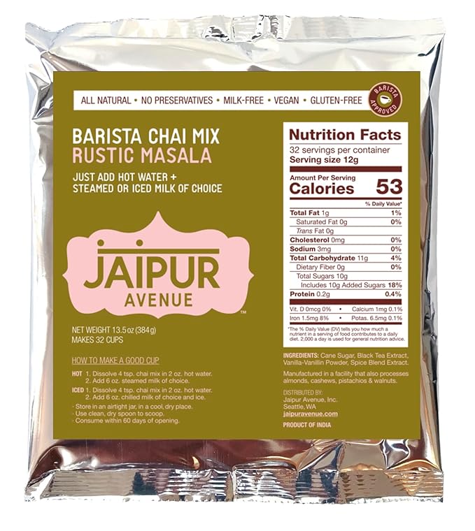 Jaipur Avenue Barista Chai Tea Mix - Rustic Masala (without Milk) - Vegan, Preservative-Free, Gluten-Free, Dairy- Free, and Authentic Masala Chai Tea Latte - 13.5 oz, Makes 32 Cups