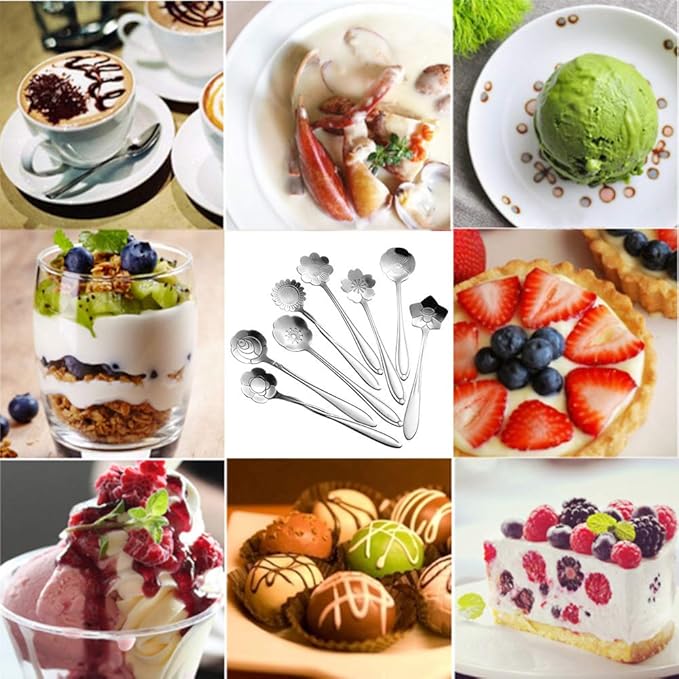 Creative Coffee Scoops and Spoons Set - 8 Different Patterns, Stainless Steel for Tea, Cake, Sugar, Dessert, Ice Cream, Seasoning or Spice - Silver