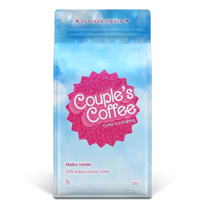Couple's Coffee Vanilla Grounds | Malibu Vanilla Flavored Coffee | Pink Gifts for Women | Gives Back to Military Families | Medium Roast Made with 100% Arabica Beans | 12oz