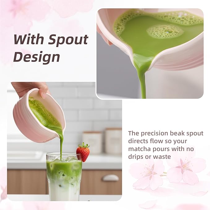 Pink Matcha Set, 7 Pcs Matcha Kit with Matcha Bowl with Spout, Bamboo Whisk & Holder, Tea Towel, Stainless Sifter, Bamboo Scoop & Rest, Cute Macha Gift Set for Women Birthday Christmas