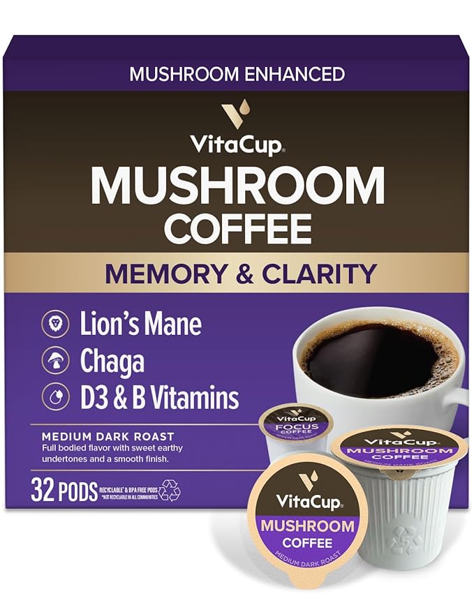 VitaCup Focus Mushroom Coffee Pods, Boost Focus & Immunity w/Lions Mane, Chaga, B Vitamins, D3 for Memory & Clarity, Medium Roast, Recyclable Single Serve Pod Compatible w/Keurig K-Cup Brewers,32 Ct