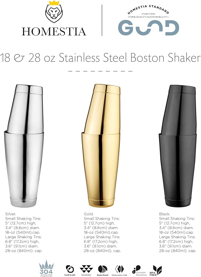 Homestia Boston Cocktail Shaker Black, Cocktail Shaker Tins Weighted, Bar Shaker Set Bartender Shakers for Bartending - Martini Shaker Stainless Steel Drink Mixer, Bar Tools Metal Shaking Tin