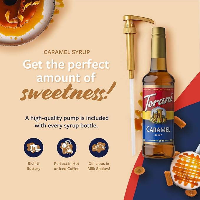 Torani Caramel Coffee Syrup for Drinks & Desserts, Pump Included, 25.4 Fl Oz